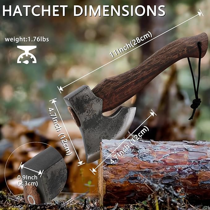 11 Inch Hatchet, Camping Axe with Leather Sheath, Bushcraft Axe for Chopping and Wood Splitting, Perfect for Outdoor Survival and Adventures