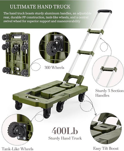 5 Gallon Water Jug and 400 LB Multifunctional Folding Hand Cart,Green Hand Truck,BPA Free Thickened Water Tank,Portable Luggage Cart with 7 Tank Wheels and 2 Bungee Cords,Essential for Camping Hiking