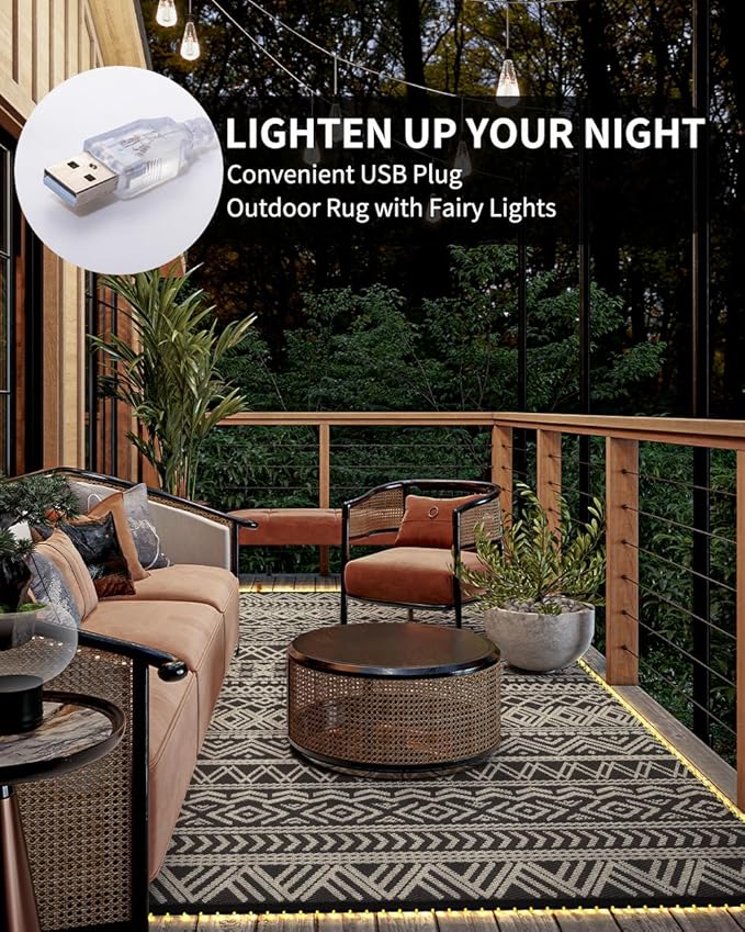 MontVoo-Outdoor Rug Carpet 8x10 ft for Patio RV Camping with Led Strip Lights Waterproof Plastic Straw Rug Reversible Portable Outside Indoor Outdoor Rug Mat for Patio Decor Balcony Picnic-Boho Rug