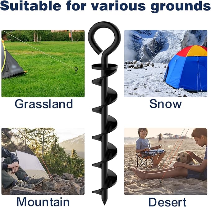 Eurmax USA Canopy Tent Stakes Dog Tie Out Stakes Corkscrew Shape Steel Trampoline Stakes with Iron Rod Installation Tool & 4 Wind Ropes - Set of 4 (Black)