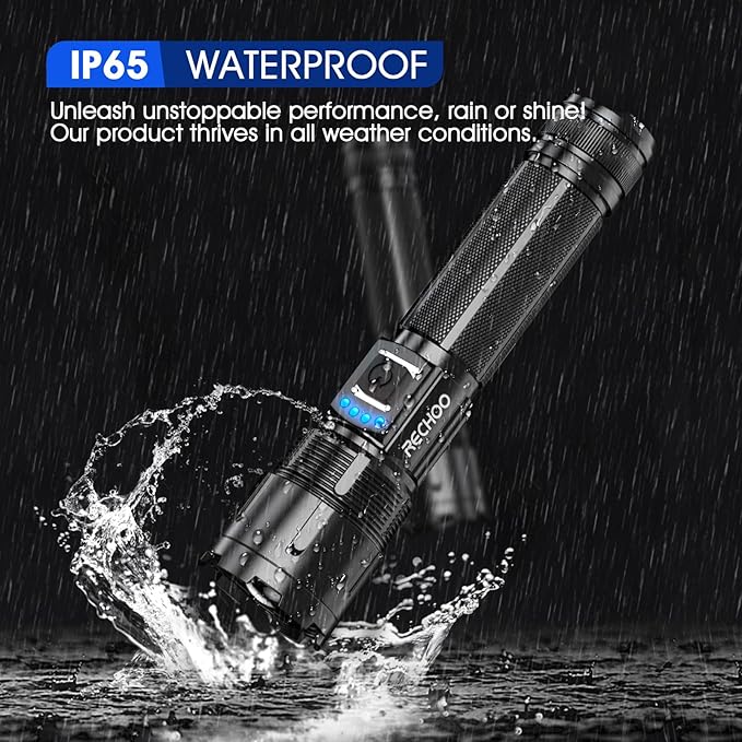 RECHOO Rechargeable Flashlights High Lumens, 10000 Lumens Tactical Flashlights, Super Bright LED Flashlight with 5 Mode & Zoomable, IP65 Waterproof Flash Light for Camping, Hiking, Emergency, Home