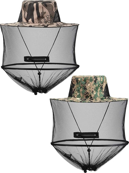 2 Pieces Mosquito Head Mesh Mosquito Cap Net Hat Face Cover with Zipper Foldable Fly Protection Netting Hat for Fishing Hiking Gardening