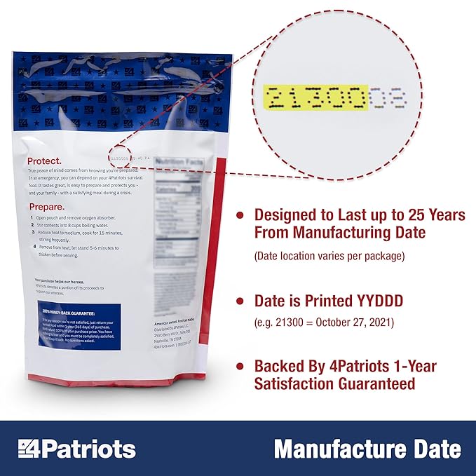 4Patriots: 1-Year Survival Food Kit - Emergency Food Supply, Freeze Dried Food, Designed to Last 25 Years, 2,848 Servings, 540,160 Total Calories, Disaster-Resistant Packaging