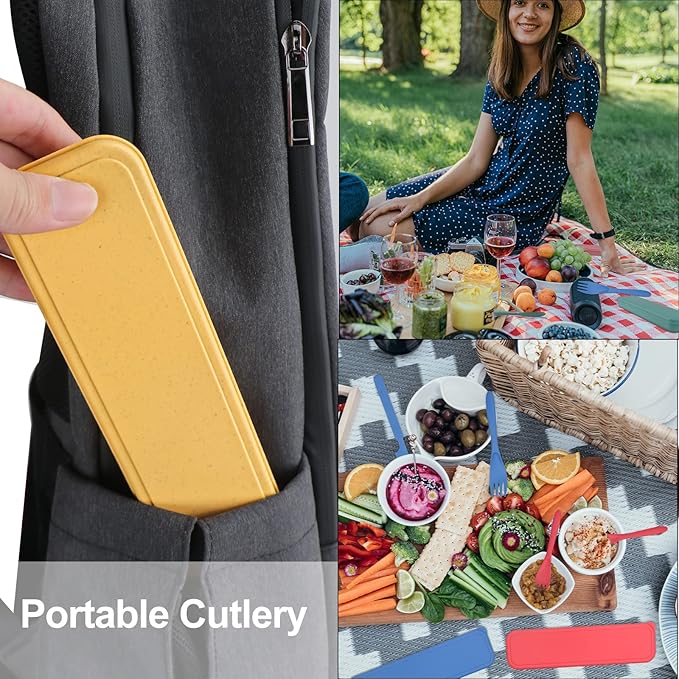 Reusable Travel Utensils Set with Case, 6 Sets Wheat Straw Portable Plastic Fork Spoons Knife Camping Cutlery, Eco-Friendly BPA Free Lunch Tableware Travel Picnic Utensils for Kids Adults Daily Use