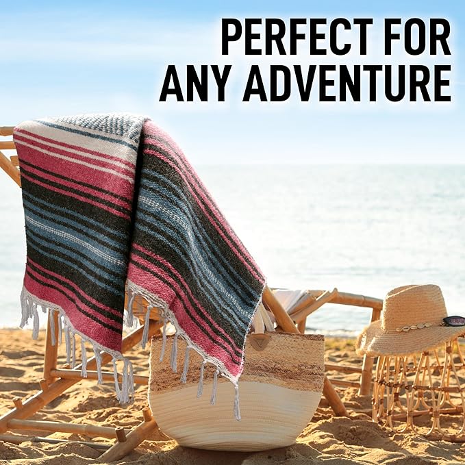 Authentic Large Handwoven Mexican Blanket - Soft Yoga Blanket - Durable Serape Blanket - Lightweight Falsa Blanket, Beach Blanket, Camping Blanket, Picnic Blanket, Outdoor Blanket 70"x50" - Azure
