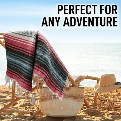 Authentic Large Handwoven Mexican Blanket - Soft Yoga Blanket - Durable Serape Blanket - Lightweight Falsa Blanket, Beach Blanket, Camping Blanket, Picnic Blanket, Outdoor Blanket 70"x50" - Azure