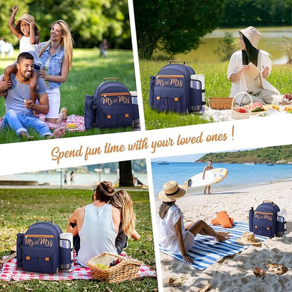 Couple Gifts 22L Picnic Basket Set, Blue Insulated Picnic Backpack for 2, Leak Proof Cooler Camping Gifts, Cool Bridal Shower Gifts Anniversary Engagement Wedding Gifts for Couples, Mr and Mrs Gifts