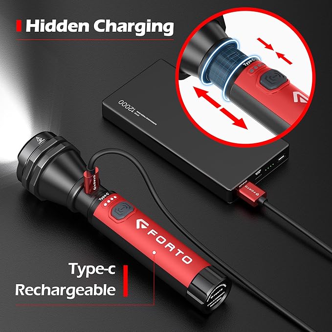 FORTO Flashlight 100000 High Lumens,Super Bright LED Rechargeable Flashlight,Zoomable,Waterproof,4 Modes Flash Light with Side Lights,Handheld Flashlights for Camping,Hiking,Emergency,Home,Red