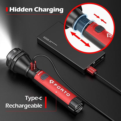 FORTO Flashlight 100000 High Lumens,Super Bright LED Rechargeable Flashlight,Zoomable,Waterproof,4 Modes Flash Light with Side Lights,Handheld Flashlights for Camping,Hiking,Emergency,Home,Red