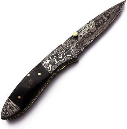 Handmade Damascus Steel Pocket,FoldingKnife Bowie for Hunting,Survival,Camping,Bushcraft and Fishing -Fixed Blade Dagger with Folding Full Tang-Micarta Handle with Cowhide-Leather Sheath-DCX 21 -96
