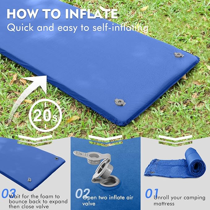 Self Inflating Sleeping Pad, Ultra Comfort Memory Foam Camping Sleeping Mat with Pillow, 20s Fast Inflating Camping Air Mattress for Cot, Traveling, Car Trips, Portable Camp Foam Pad