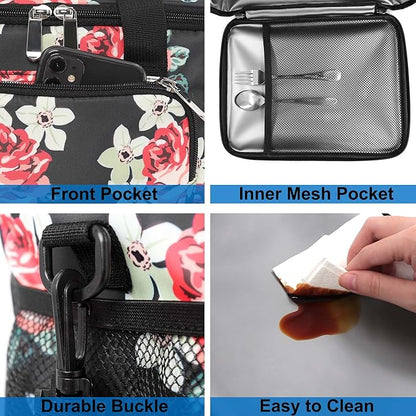 Femuar Lunch Bags for Women/Men, Insulated Lunch Bag for Work Office Picnic - Lunch Cooler Bag Leakproof Lunch Box with Adjustable Shoulder Strap - Black Floral
