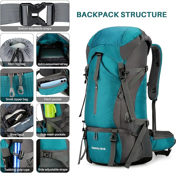 OKYUK 70L Hiking Backpack, Camping Hiking Back Pack, Water Resistant Lightweight Mountain Climbing Bag, Outdoor Camping Sport Daypack with Rain Cover, for Travel, Touring, Cycling (Green, 70L)