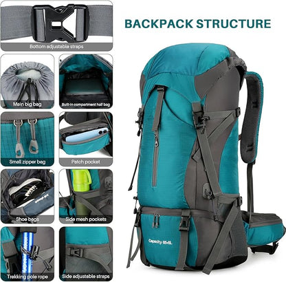 OKYUK 70L Hiking Backpack, Camping Hiking Back Pack, Water Resistant Lightweight Mountain Climbing Bag, Outdoor Camping Sport Daypack with Rain Cover, for Travel, Touring, Cycling (Green, 70L)
