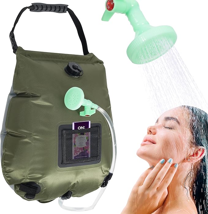Solar Shower Bag 5 Gallon,Portable Green Camping Shower Bag, 1 Pack Camping Shower Kit with Hose, On-Off Switchable Head for Beach, Swimming, Travel, Hiking