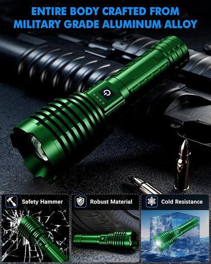 Super Bright Rechargeable LED Flashlights,True 2500000 High Lumens, Powerful Tactical Flashlight Up to 25H Long Battery Life |Zoomable|5Light Modes|IP67 Water Resistant for Camping (Green)