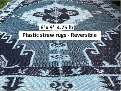 BalajeesUSA Outdoor Rug - 6x9 feet, Blue, Grey, Reversible, Portable, Duarable, Waterproof, Plastic straw patio rugs, Large RV camper mat 140