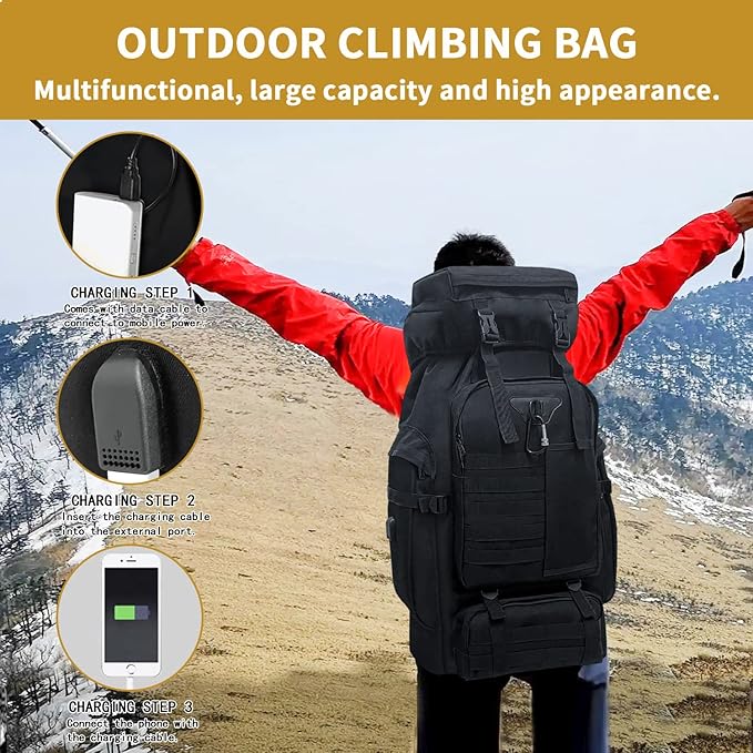 80L Camping Hiking Backpack, Large Military Tactical Backpack, Waterproof Travel Daypack With Carabiner Outdoor Molle Rucksack for Men Women (Black)
