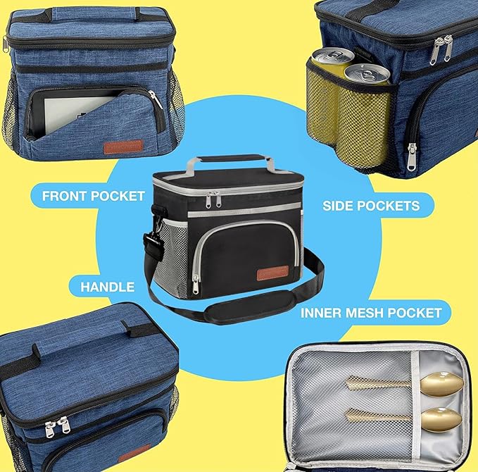 ExtraCharm Insulated Lunch Bag for Women/Men - Reusable Lunch Box for Office Picnic Hiking Beach - Leakproof Cooler Tote Bag Organizer with Adjustable Shoulder Strap for Adults-Black grey