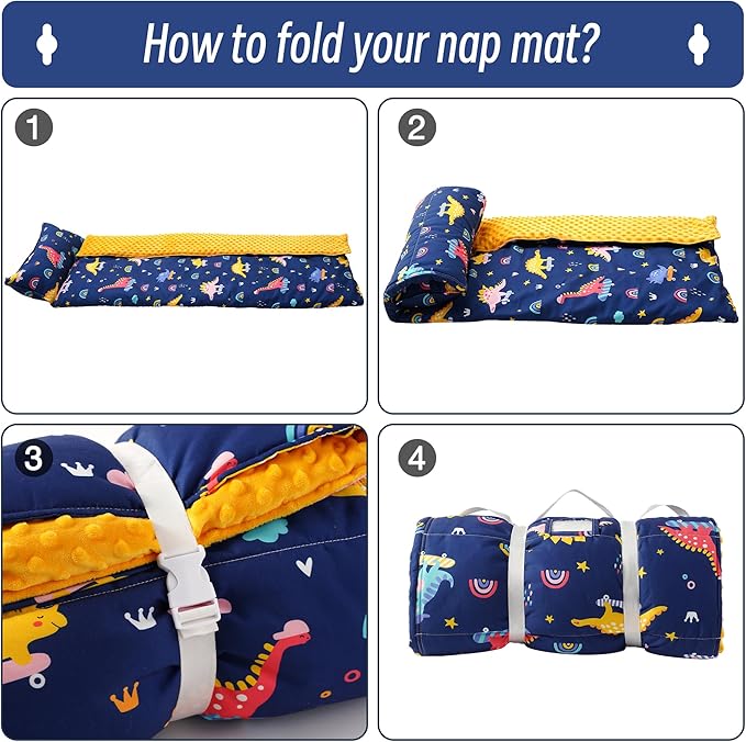 Bunnikins & Clover Toddler Nap Mat with Removable Pillow, Nap Mats for Preschool, Easy Clean Toddler Nap Pad for Kindergarten, Kids Sleeping Bag for Travel Camping