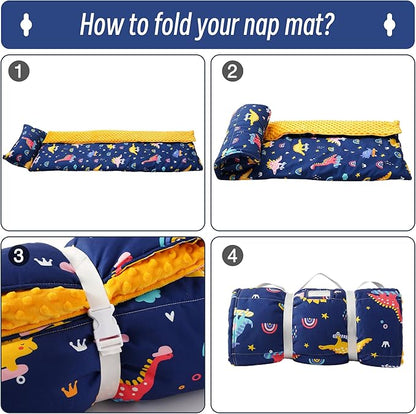 Bunnikins & Clover Toddler Nap Mat with Removable Pillow, Nap Mats for Preschool, Easy Clean Toddler Nap Pad for Kindergarten, Kids Sleeping Bag for Travel Camping