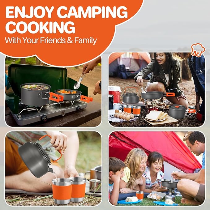 17PCS Camping Cooking Set, Non-Stick Lightweight Camping Pots and Pans Set with Kettle, Stainless Steel Cups, Foldable Forks Knives Spoons for Camping, Backpacking, Outdoor Cooking & Picnic