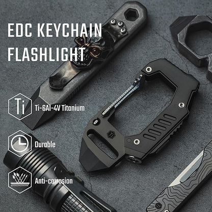KeyUnity KF02 Titanium Multitool Carabiner Clip, 7 in 1 Multifunctional Keychain Flashlight for Camping, Hiking & Outdoor Activities