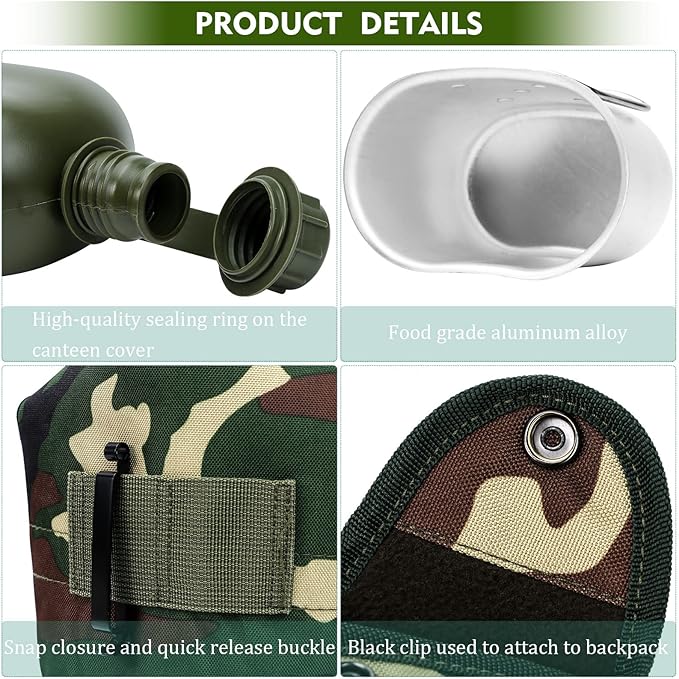 1 Quart Canteen Kit Portable Canteen Hydration Canteens Water Bottle with Reinforced Nylon Bottle Pouch Cover Bag,Aluminum Cup and Waist Belt for Backpacking Hiking Camping Climbing Outdoor Activities