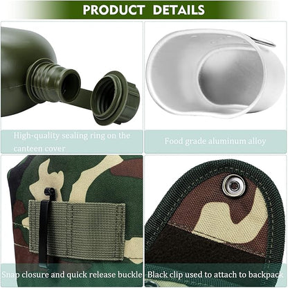 1 Quart Canteen Kit Portable Canteen Hydration Canteens Water Bottle with Reinforced Nylon Bottle Pouch Cover Bag,Aluminum Cup and Waist Belt for Backpacking Hiking Camping Climbing Outdoor Activities