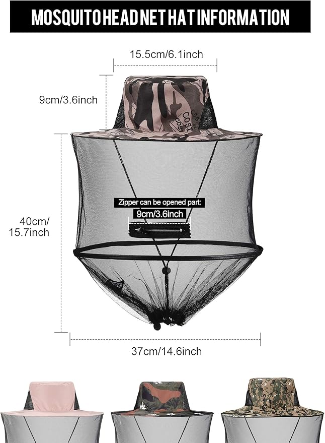 4 Pieces Mosquito Head Mesh Mosquito Cap Net Hat Face Cover with Zipper Foldable Fly Protection Netting Hat for Fishing Hiking Gardening, 4 Colors