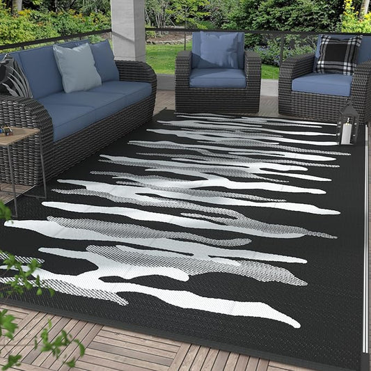 GENIMO Outdoor Rug for Patio Clearance, 8'x10' Waterproof Camping Mat, Reversible Plastic Straw Rugs for RV, Camper, Balcony, Backyard, Picnic, Deck (Black&White)