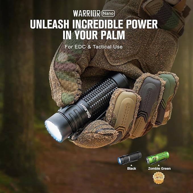 OLIGHT Warrior Nano Tactical Flashlight, 1200 Lumens Rechargeable LED Light with MCC Charger, Dual Switches EDC Flashlight for Emergency, Outdoors and Camping (Black)