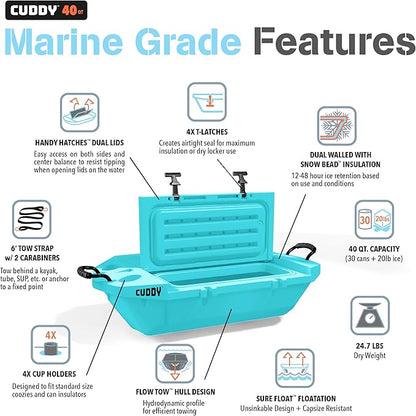 CUDDY Floating Cooler and Dry Storage Vessel for Land & Water – 40QT– Great for River, Beach, Kayak, Pool, & Lake - Multiple Color Options