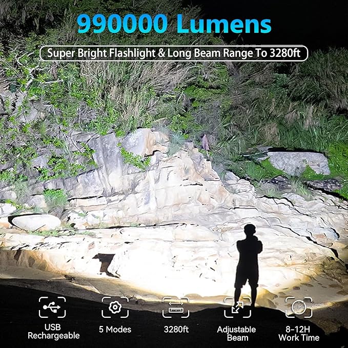 Rechargeable Flashlights High Lumens, 990000 Lumens Super Bright LED Flash Light with 5 Modes, IPX6 Waterproof Flashlight with Large Capacity, Bright Flashlights for Home Camping