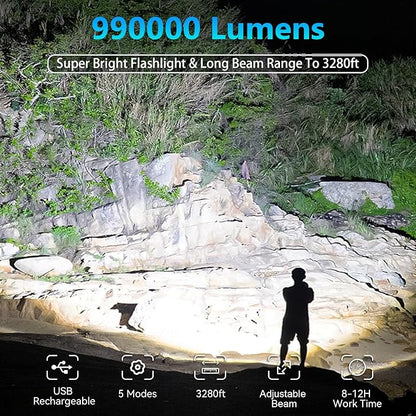 Rechargeable Flashlights High Lumens, 990000 Lumens Super Bright LED Flash Light with 5 Modes, IPX6 Waterproof Flashlight with Large Capacity, Bright Flashlights for Home Camping