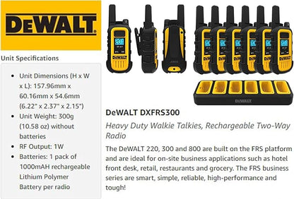 DEWALT DXFRS300 1 Watt Heavy Duty Walkie Talkies - Waterproof, Shock Resistant, Long Range & Rechargeable Two-Way Radio with VOX (6 Pack w/Gang Charger) (DXFRS300-BCH6)