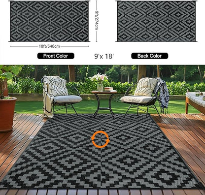 Outdoor Patio Plastic Straw Rug - 9'x18' Outdoor Camping Rug Waterproof Reversible, Area Carpet Patios Clearance RV, Outside Porch Balcony Deck for Camper, Black & Grey