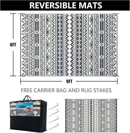 RV Outdoor Rug Waterproof Mat Outdoor Rugs 6'x9' for Patios Clearance Carpet Outdoor Camping Rugs Large Plastic Straw Rug (Geometric Boho Grey&White)