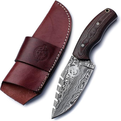 Handmade Damascus Steel Knife for Hunting,Survival,Camping,Bushcraft,and Fishing-Fixed Blade Drop Point with Saw back Full Tang Micarta Handle with Cowhide-Leather Sheath - WKD-773