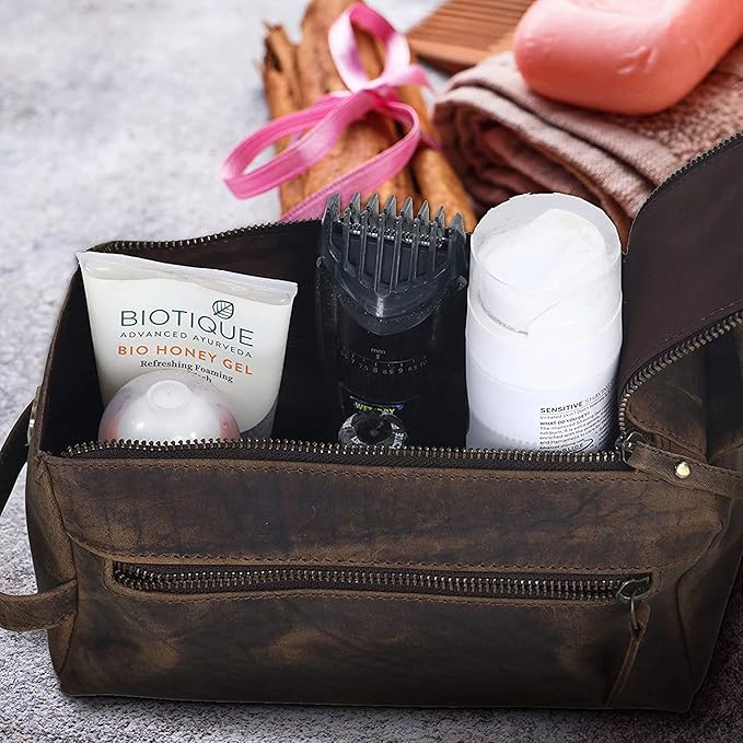 KomalC Premium Buffalo Leather Unisex Toiletry Bag Travel Dopp Kit