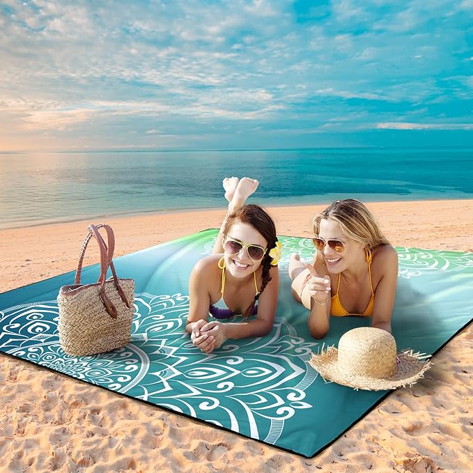 Beach Blanket, Wateresistant Sandproof Sand Free Beach Mat with Corner Pockets Portable Bag for Beach Festival,Picnic,Travel and Outdoor Camping Activties (Mandarin-Green,79"×83"(4 Person))