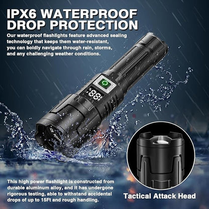 Rechargeable High Lumen LED Flashlight, 90,000 Lumens with Zoom, 3 Modes, IPX6 Water Resistant, Powerful Handheld Flashlight for Emergencies, Camping and Hiking