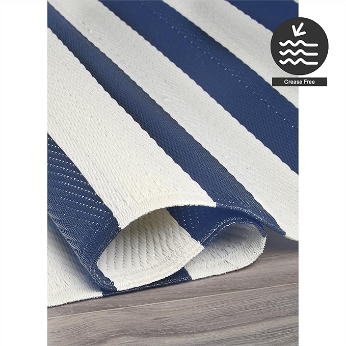 FH Home Outdoor Camping Rug - Waterproof, Fade Resistant, Reversible - Premium Recycled Plastic - Striped - Large Patio, Deck, Sunroom, RV - Brittany Stripe - Blue & White - 9 x 12 ft Foldable
