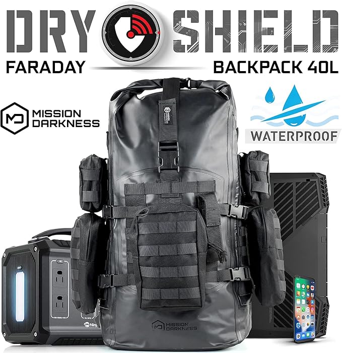Mission Darkness Dry Shield Faraday Backpack 40L // Waterproof Tactical Bag with MOLLE Webbing and Removable Packs // Signal Blocking Anti-tracking Data Privacy EMP Shield for Electronics