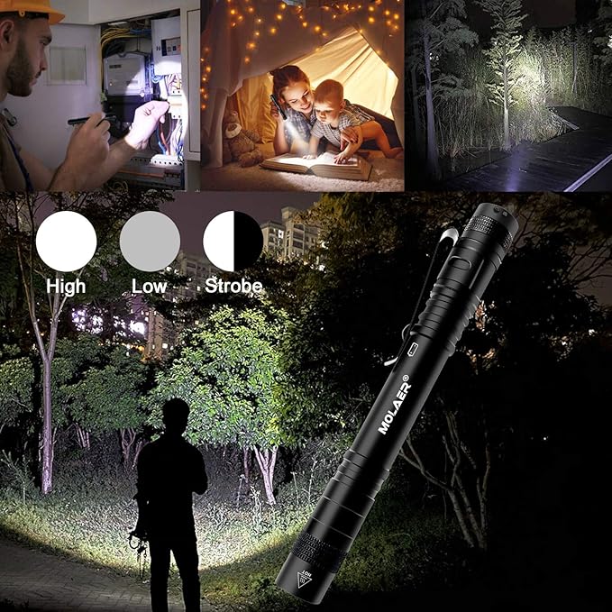 Pen Light Flashlight, 2-Pack B16 LED Pocket PenLight with Clip, 3 Lighting Modes, Small, Mini, Waterproof, Great for Camping, Work, Repair, Emergency (4 × AAA Battery Included)