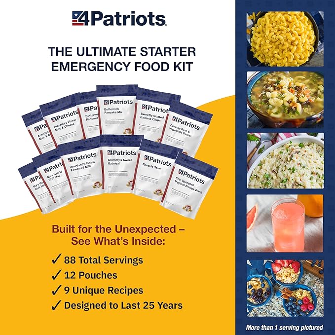 4Patriots Emergency Starter Food Kit - Freeze-Dried Survival Food, Emergency Long Term Food Supply, Designed To Last 25 Years, 88 Servings, 16,480 Cals, Disaster-Resistant Packaging, Packed In USA