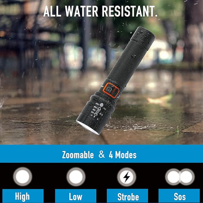 LED Flashlights High Lumens Emergency Tactical Super Bright Flashlights with 4 Modes, Zoomable, Waterproof, Powerful, Batteries Included for Outdoor Use, Camping, Rechargeable