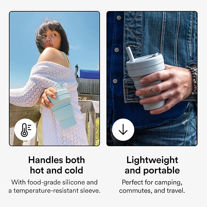 STOJO Collapsible Travel Cup With Straw- Eucalyptus, 16oz / 470ml - Reusable To-Go Pocket Size Silicone Cup for Hot and Cold Drinks - Perfect for Camping and Hiking - Microwave & Dishwasher Safe
