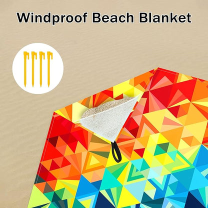 Colorful Beach Blanket Waterproof Sandproof, 78”x 86” Large Sand Free Beach Mat with Stakes & Portable Bag, Big Flodable Compact Outdoor Pockets Picnic Blanket for Festival, Camping - Triangle Blocks