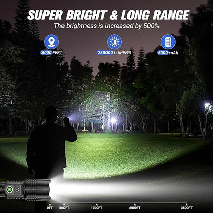 Rechargeable Led Flashlight 250000 Lumen, Super Bright Tactical Flashlight High Lumens 5 Light Modes, IPX7 Waterproof, Zoomable, Powerful Handheld Flashlight for Outdoor Emergency Camping, Hiking